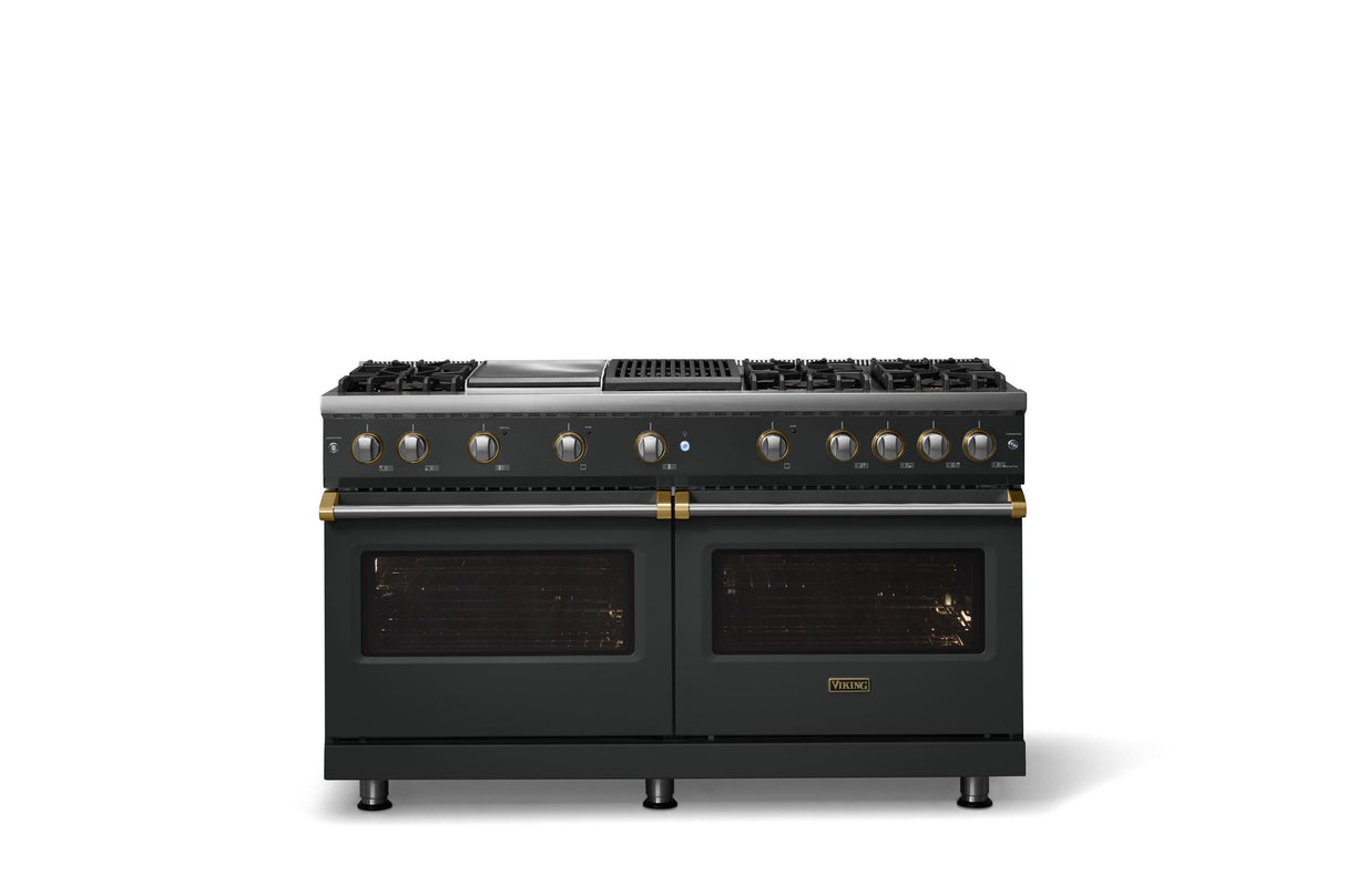 60"W. Sealed Burner Gas Range (Finish: Antique Bronze, Trim: Polished Chrome, Fuel: Propane)