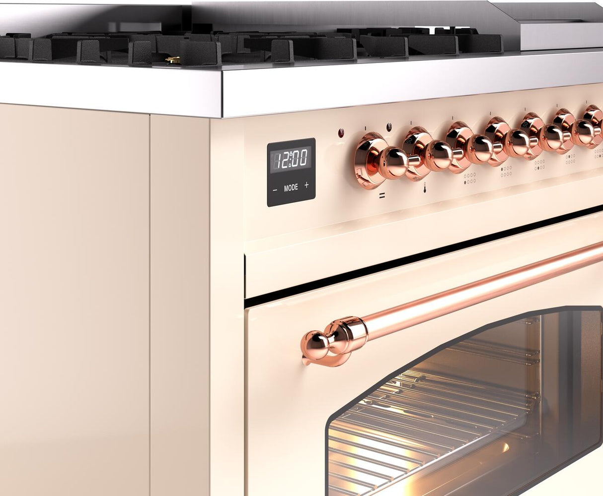 Nostalgie II 48 Inch Dual Fuel Natural Gas Freestanding Range in Antique White with Copper Trim