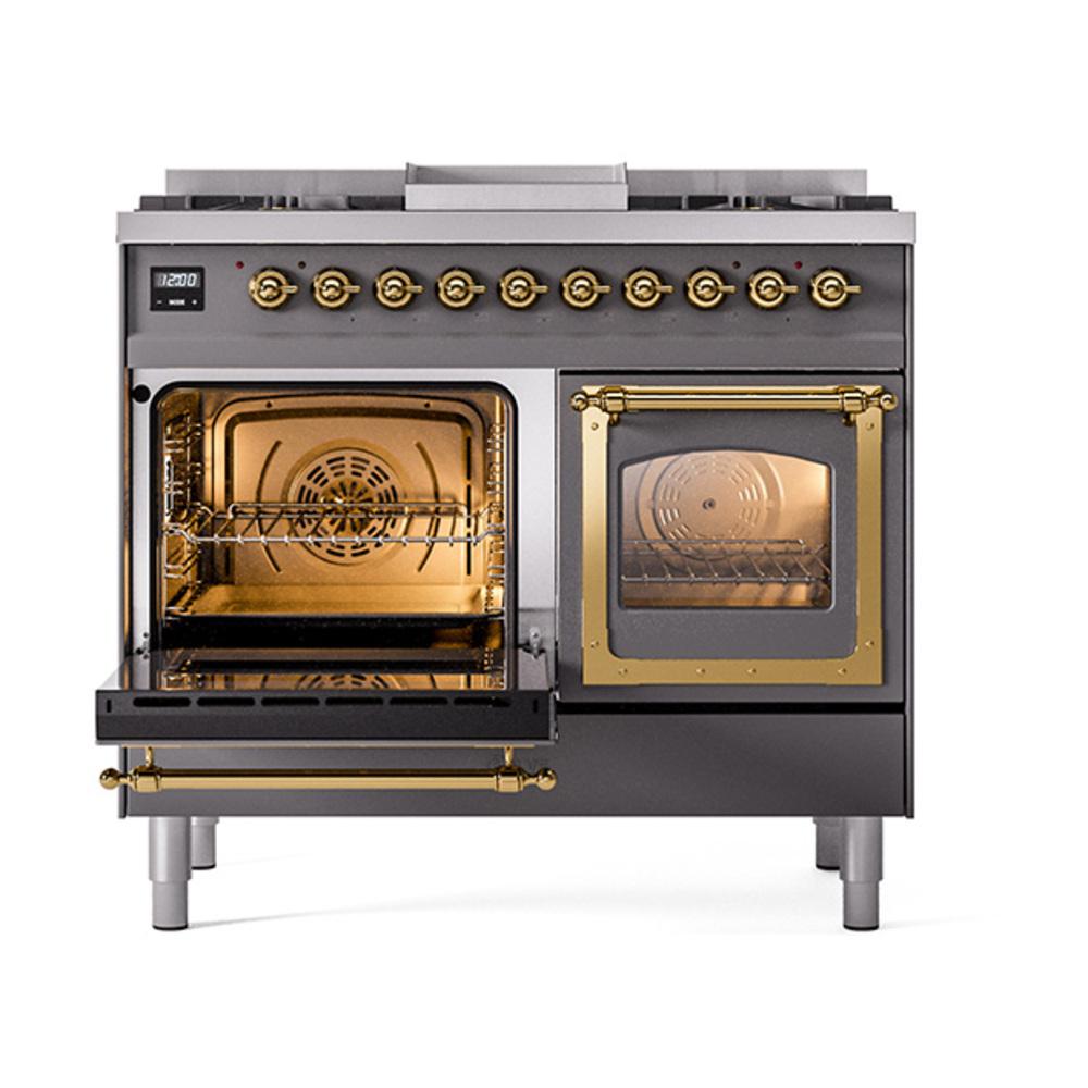 ILVE UND40FNMPMGGLP Nostalgie II Noblesse 40 inch Dual Fuel Range (Liquid Propane, Triple Glass Door, Graphite Matte, Brass)