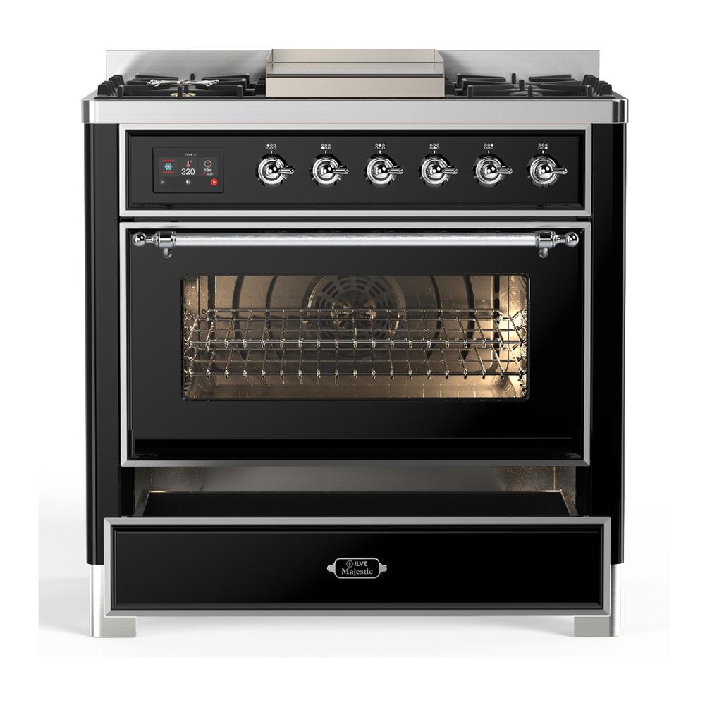 ILVE UM36FNR3BKCLP Majestic III 36 inch Dual Fuel Range with 6 Black Brass Burners and Griddle, Dual Function Burner up to 25,000 BTU (Triple Glass Door, Glossy Black, Chrome, Liquid Propane)