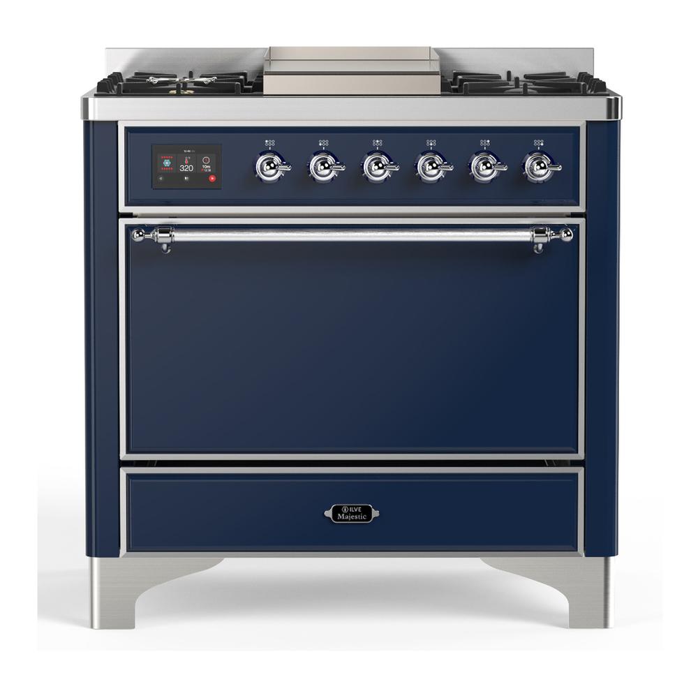 ILVE UM36FQNR3MBCLP Majestic III 36 inch Dual Fuel Range with 6 Black Brass Burners and Griddle, Dual Function Burner up to 25,000 BTU (Solid Door, Midnight Blue, Chrome, Liquid Propane)