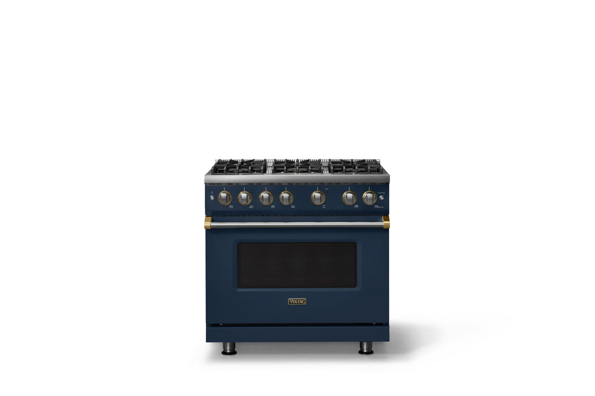 36"W. Sealed Burner Gas Range (Burner: 6b, Finish: Slate Blue, Trim: Brushed Brass, Fuel: Propane)
