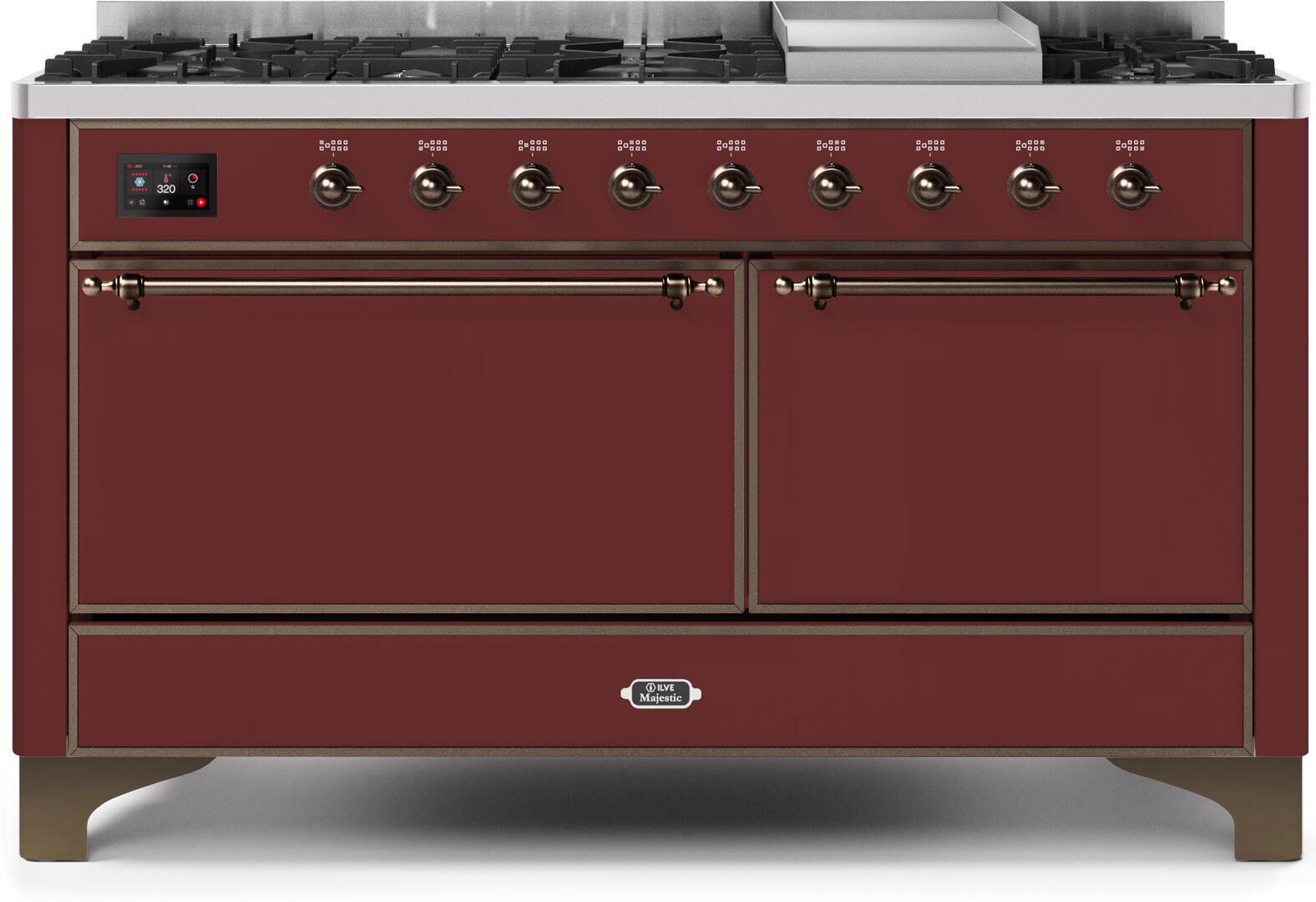 Majestic II 60 Inch Dual Fuel Natural Gas Freestanding Range in Burgundy with Bronze Trim