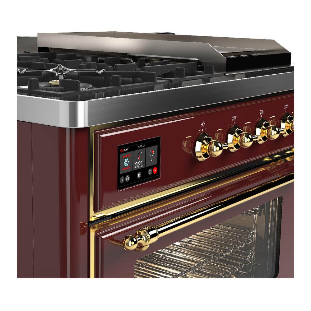 ILVE UM48FSNR3BUG Majestic III 48 inch Dual Fuel Range with 5 Black Brass Burners, Griddle and French Top, Dual Function Burner up to 25,000 BTU (Natural Gas, Triple Glass Door, Burgundy, Brass)