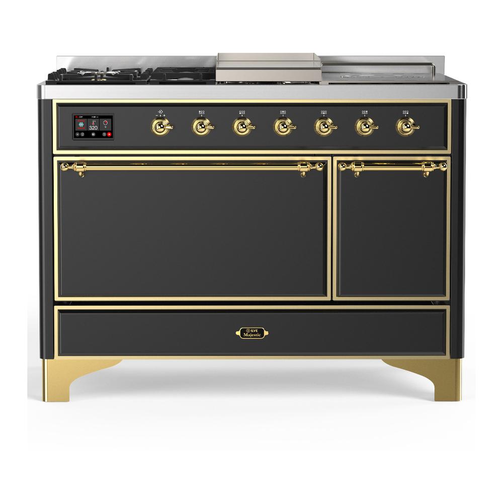 ILVE UM48FSQNR3MGG Majestic III 48 inch Dual Fuel Range with 5 Black Brass Burners, Griddle and French Top, Dual Function Burner up to 25,000 BTU (Natural Gas, Solid Door, Graphite Matte, Brass)