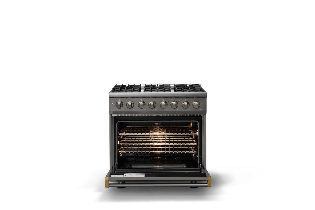 36"W. Dual Fuel Range (Burner: 6b, Finish: Damascus Gray, Trim: Brushed Brass, Fuel: Propane)