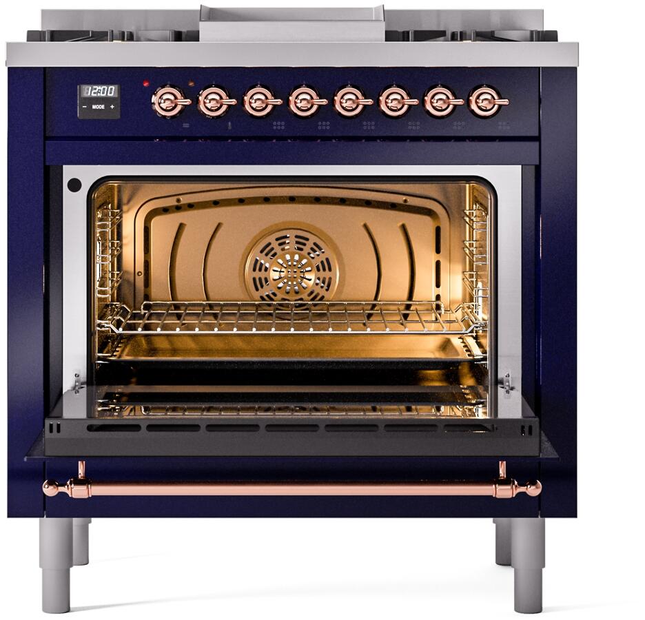 Nostalgie II 36 Inch Dual Fuel Natural Gas Freestanding Range in Blue with Copper Trim