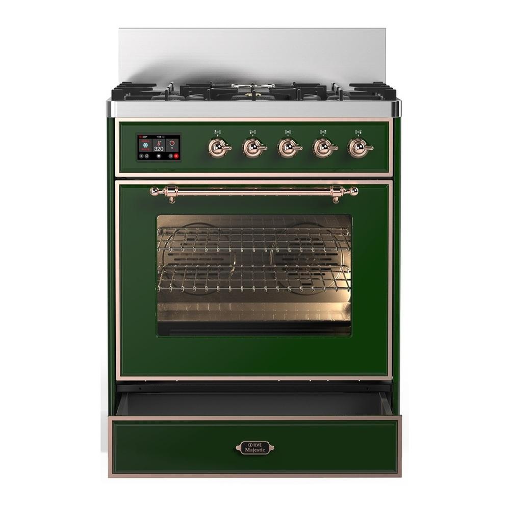 ILVE UM30NR3EGPLP Majestic III 30 inch Dual Fuel Range with 5 Black Brass Burners, Dual Function Burner up to 25,000 BTU (Liquid Propane, Triple Glass Door, Emerald Green, Copper)