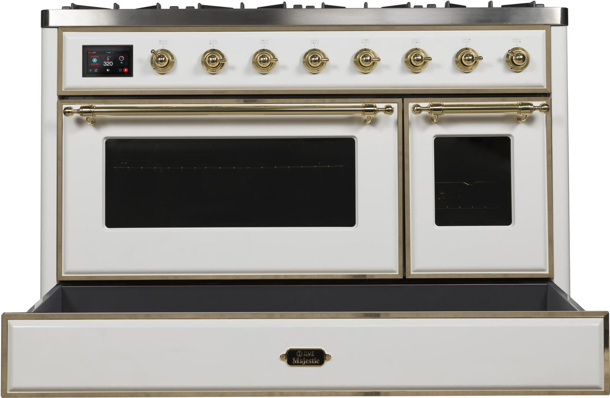Majestic II 48 Inch Dual Fuel Liquid Propane Freestanding Range in White with Brass Trim
