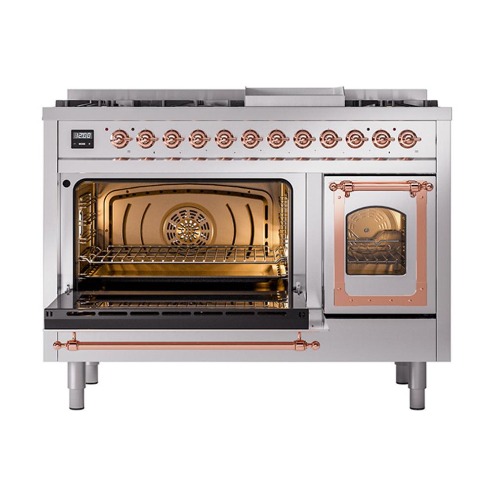 ILVE UN48FNMPSSP Nostalgie II Noblesse 48 inch Dual Fuel Range (8 Sealed Burners + Griddle, Natural Gas, Triple Glass Door, Stainless Steel, Copper)