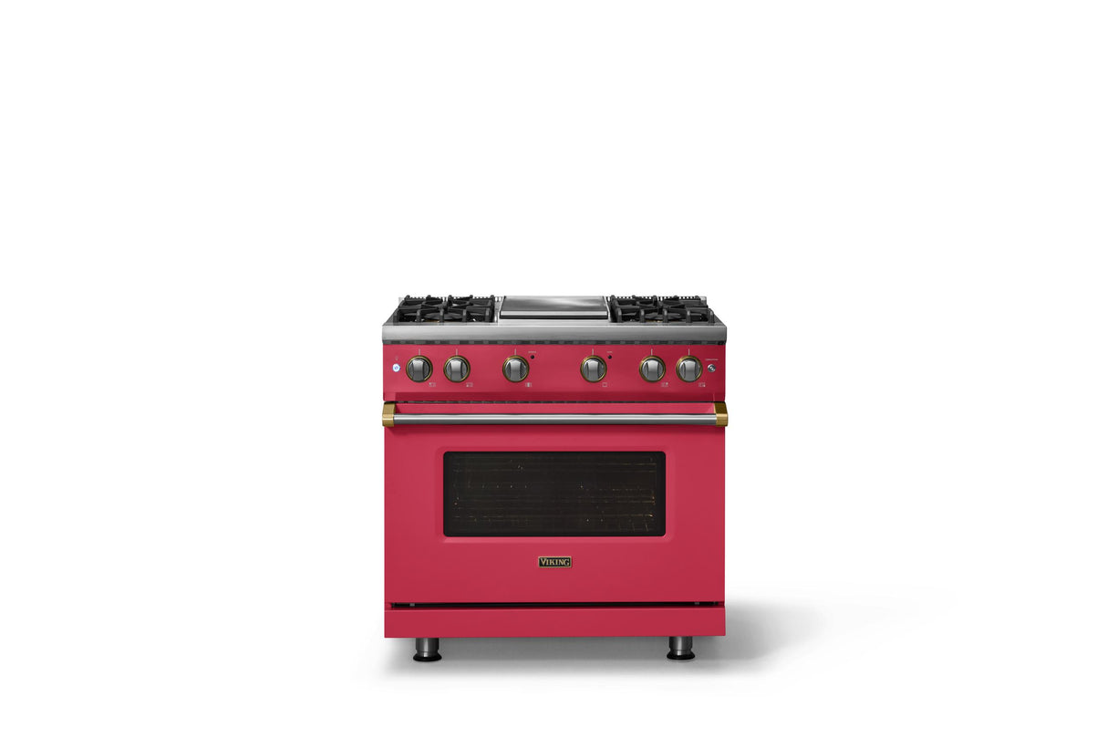 36"W. Sealed Burner Gas Range (Burner: 4g, Finish: Valentine, Trim: Brushed Brass, Fuel: Natural Gas)