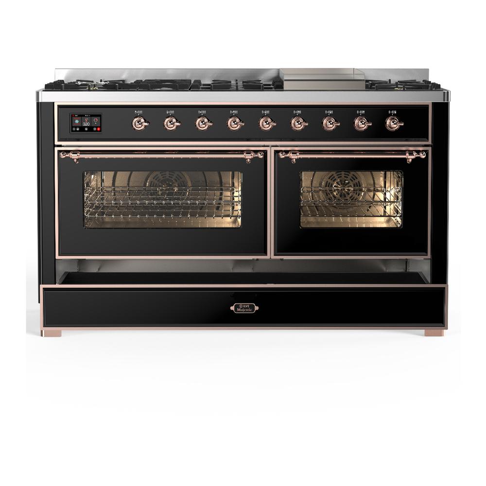 ILVE UM60FNR3BKPLP Majestic III 60 inch Dual Fuel Range with 9 Burners and Griddle, Dual Function Burner up to 25,000 BTU (Liquid Propane, Triple Glass Door, Glossy Black, Copper)