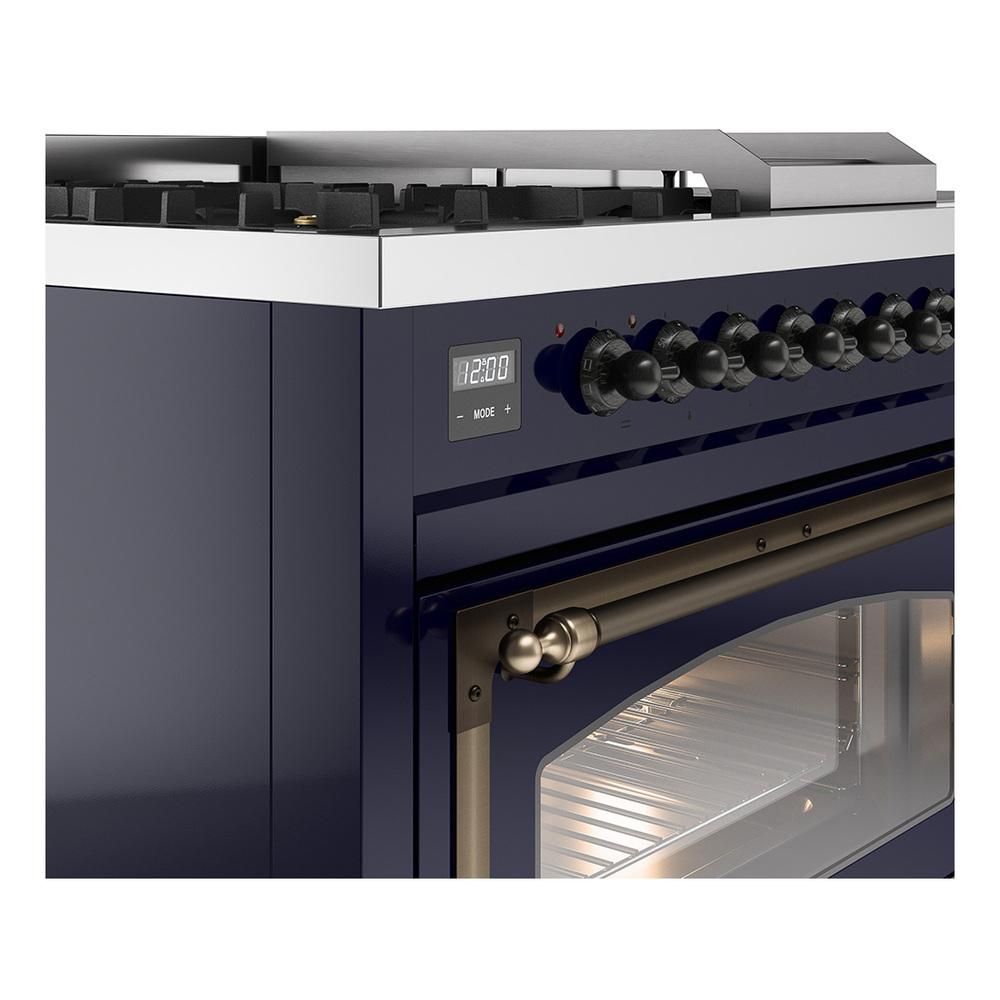 ILVE UN48FSNMPMBB Nostalgie II Noblesse 48 inch Dual Fuel Range (5 Sealed Burners + Griddle + French Top, Natural Gas, Triple Glass Door, Midnight Blue, Burnished)