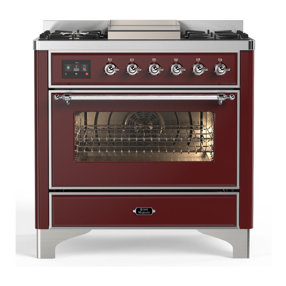 ILVE UM36FNR3BUCLP Majestic III 36 inch Dual Fuel Range with 6 Black Brass Burners and Griddle, Dual Function Burner up to 25,000 BTU (Triple Glass Door, Burgundy, Chrome, Liquid Propane)