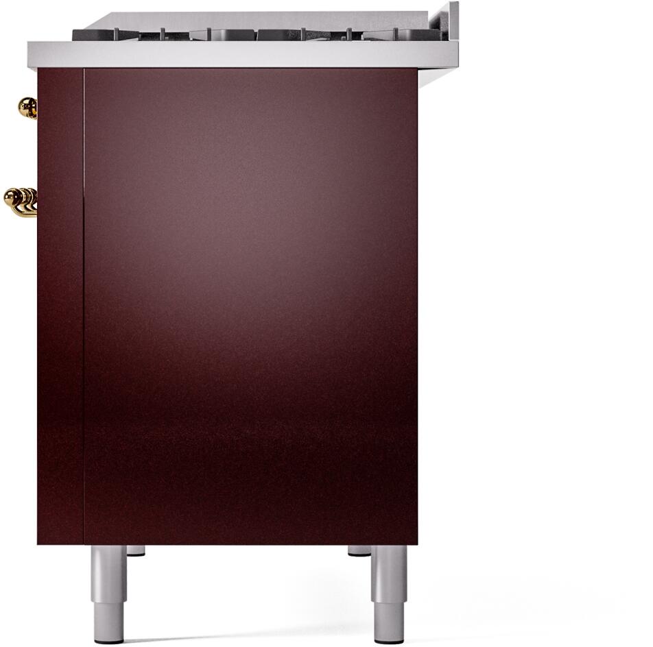 Nostalgie II 48 Inch Dual Fuel Natural Gas Freestanding Range in Burgundy with Brass Trim