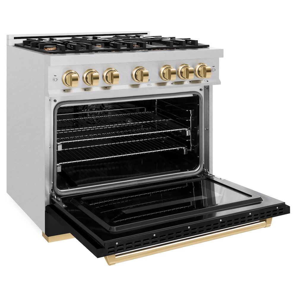 ZLINE Autograph Edition 36 in. 5.2 cu. ft. Classic Dual Fuel Range with 6 Burner Gas Cooktop and Electric Convection Oven in DuraSnow' Stainless Steel with Black Matte Door and Polished Gold Accents (CDRSZ-BLM-36-G)