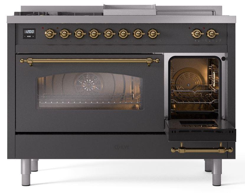 Nostalgie II 48 Inch Dual Fuel Natural Gas Freestanding Range in Matte Graphite with Brass Trim
