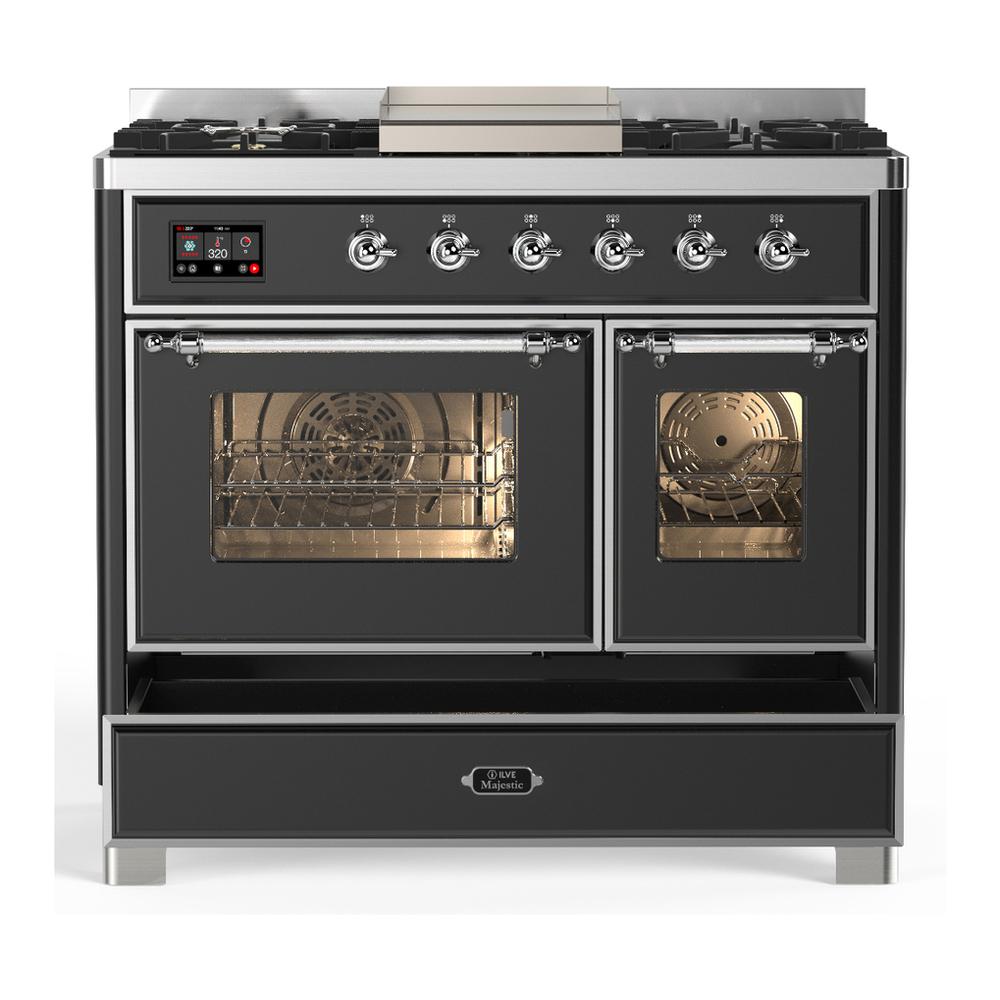 ILVE UMD40FNR3MGCLP Majestic III 40 inch Dual Fuel Range with 6 Burners and Griddle, Dual Function Burner up to 25,000 BTU (Liquid Propane, Triple Glass Door, Graphite Matte, Chrome)