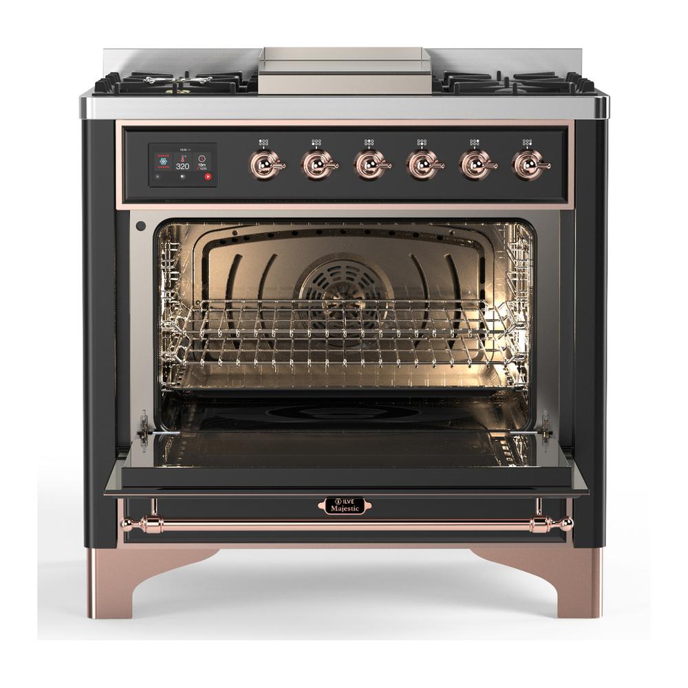 ILVE UM36FNR3MGPLP Majestic III 36 inch Dual Fuel Range with 6 Black Brass Burners and Griddle, Dual Function Burner up to 25,000 BTU (Triple Glass Door, Graphite Matte, Copper, Liquid Propane)