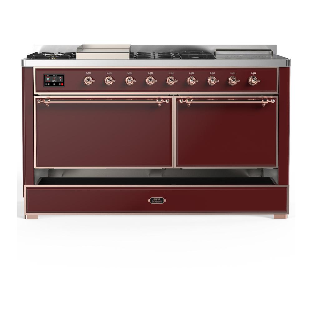 ILVE UM60FSQNR3BUPLP Majestic III 60 inch Dual Fuel Range with 7 Burners, Griddle and French Top, Dual Function Burner with up to 25,000 BTU (Liquid Propane, Solid Door, Burgundy, Copper)