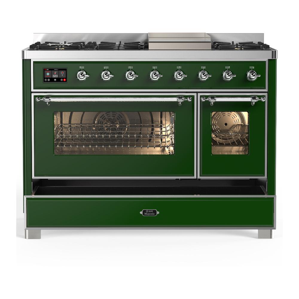 ILVE UM48FNR3EGCLP Majestic III 48 inch Dual Fuel Range with 8 Burners and Griddle, Dual Function Burner up to 25,000 BTU (Liquid Propane, Triple Glass Door, Emerald Green, Chrome)