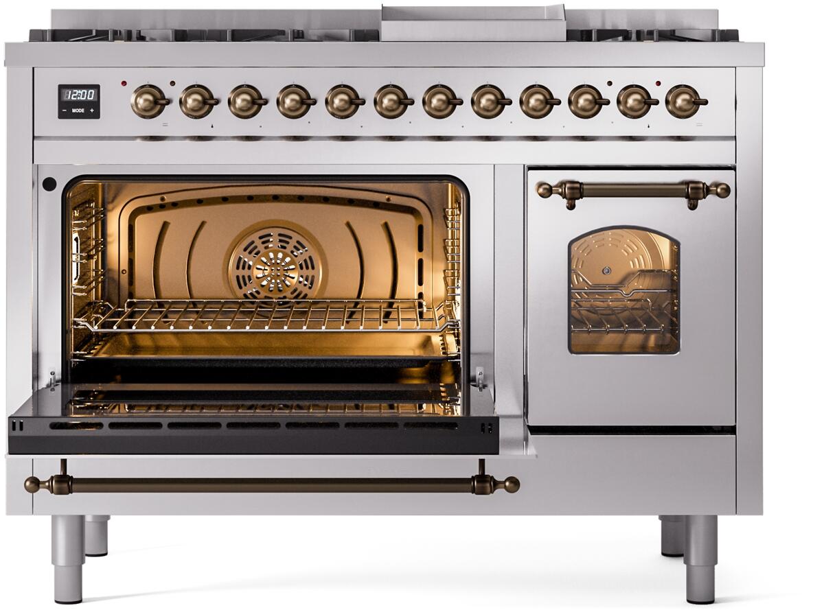 Nostalgie II 48 Inch Dual Fuel Natural Gas Freestanding Range in Stainless Steel with Bronze Trim