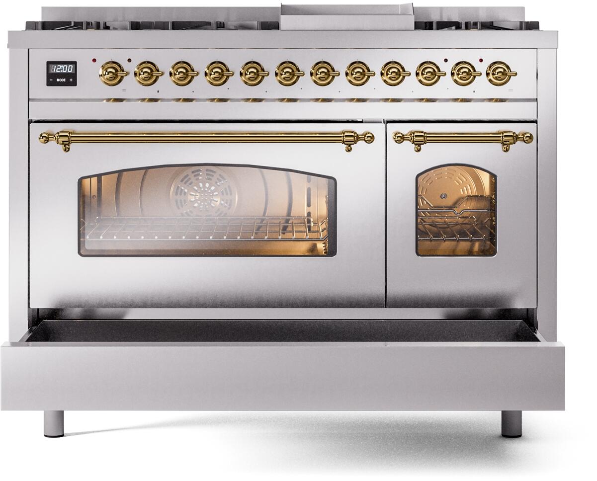Nostalgie II 48 Inch Dual Fuel Liquid Propane Freestanding Range in Stainless Steel with Brass Trim