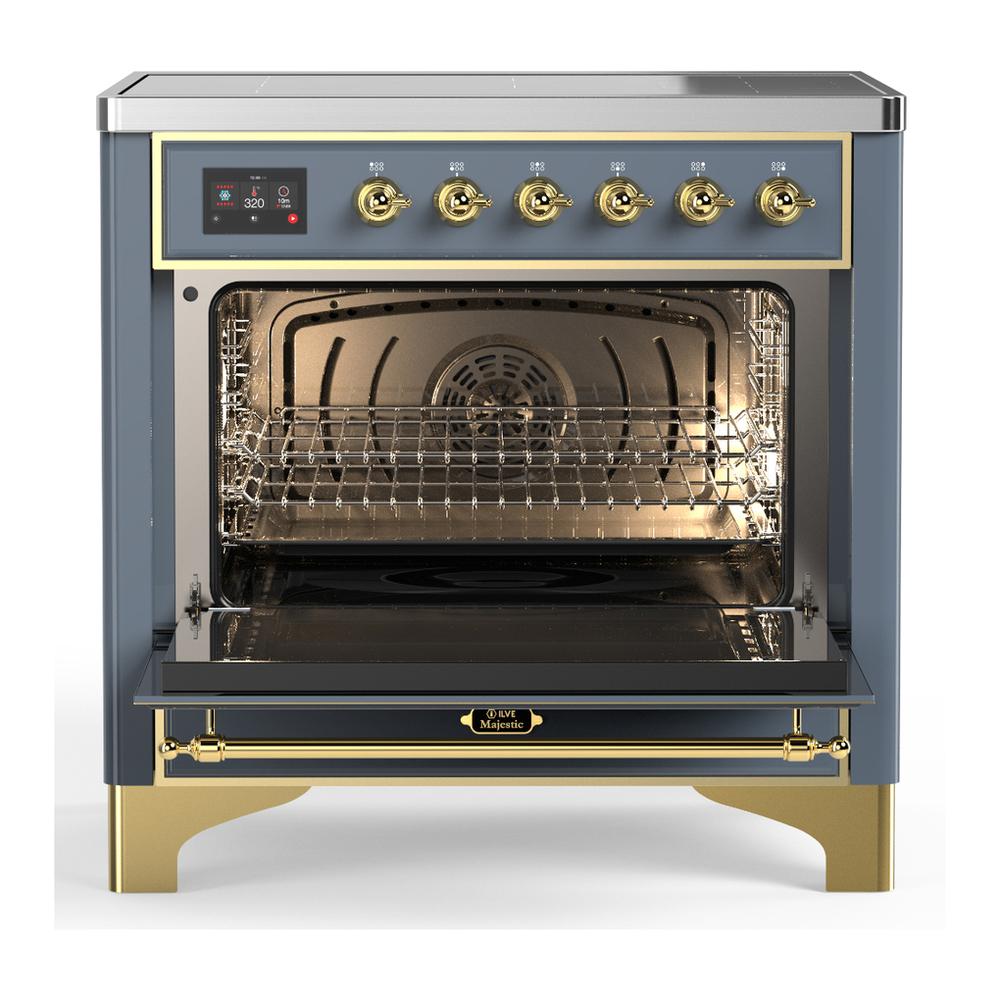 ILVE UMIB36NR3BGG Majestic III 36 inch Induction Range with 6 Elements, 3.5 cu. ft. Total Oven Capacity (Triple Glass Door, Blue Grey, Brass)