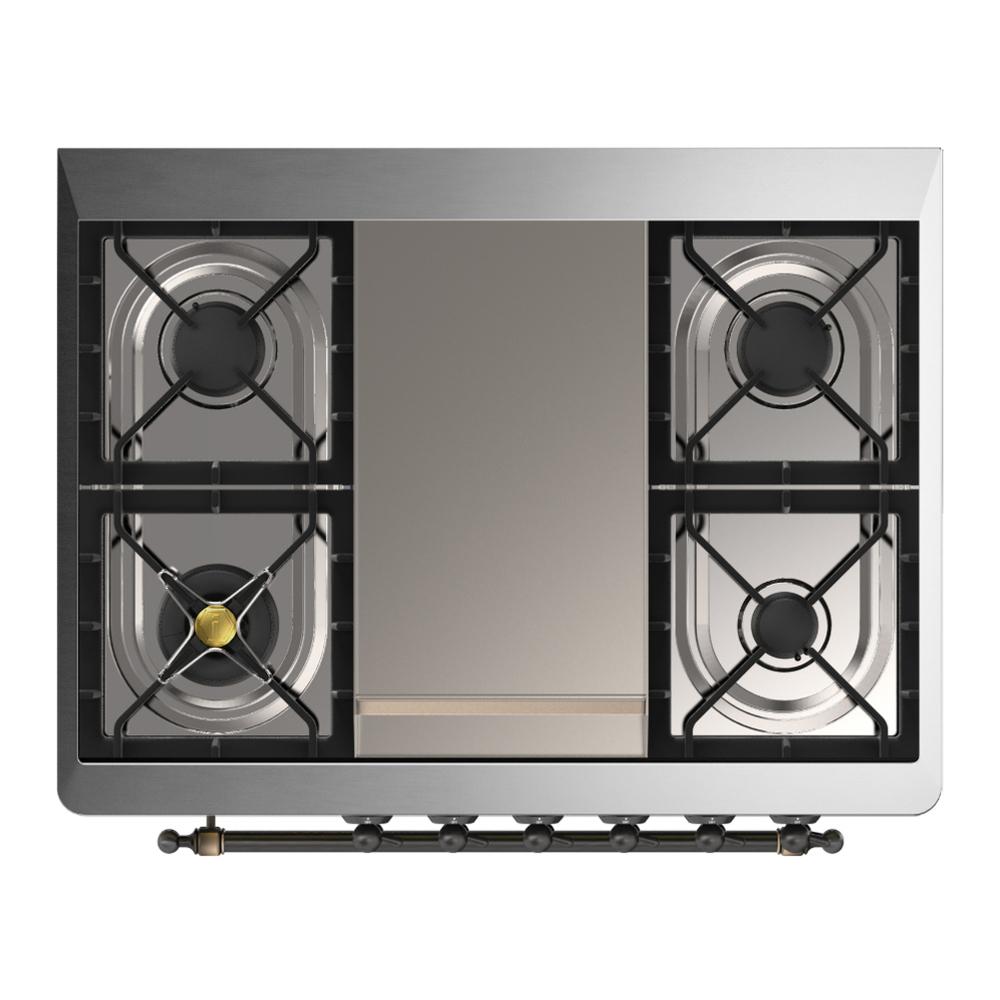 ILVE UM36FNR3BKBLP Majestic III 36 inch Dual Fuel Range with 6 Black Brass Burners and Griddle, Dual Function Burner up to 25,000 BTU (Triple Glass Door, Glossy Black, Burnished, Liquid Propane)
