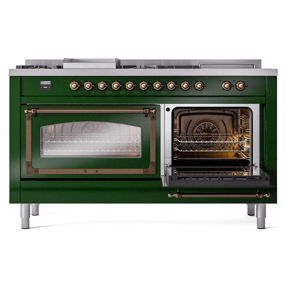 ILVE UN60FSNMPEGB Nostalgie II Noblesse 60 inch Dual Fuel Range (7 Sealed Burners + Griddle + French Top, Natural Gas, Triple Glass Door, Emerald Green, Burnished)