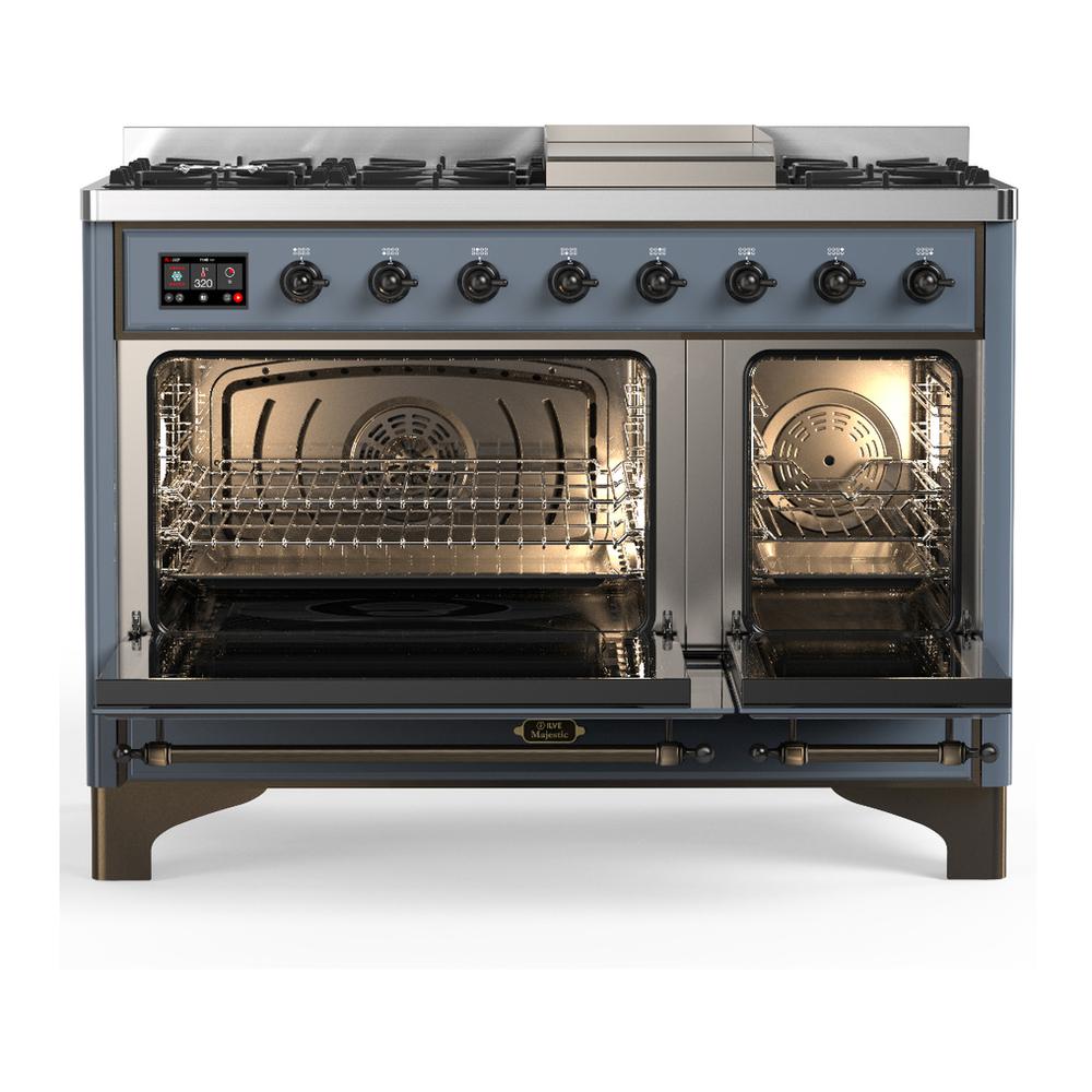 ILVE UM48FQNR3BGB Majestic III 48 inch Dual Fuel Range with 8 Burners and Griddle, Dual Function Burner up to 25,000 BTU (Natural Gas, Solid Door, Blue Grey, Burnished)