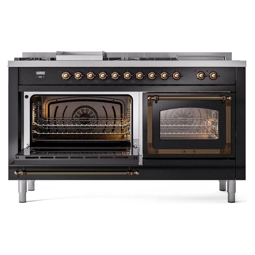 ILVE UN60FSNMPBKB Nostalgie II Noblesse 60 inch Dual Fuel Range (7 Sealed Burners + Griddle + French Top, Natural Gas, Triple Glass Door, Glossy Black, Burnished)