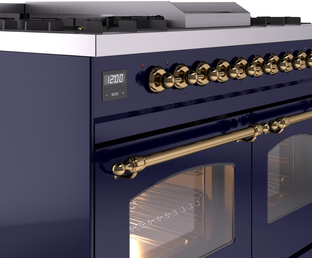 Nostalgie II 40 Inch Dual Fuel Natural Gas Freestanding Range in Blue with Brass Trim