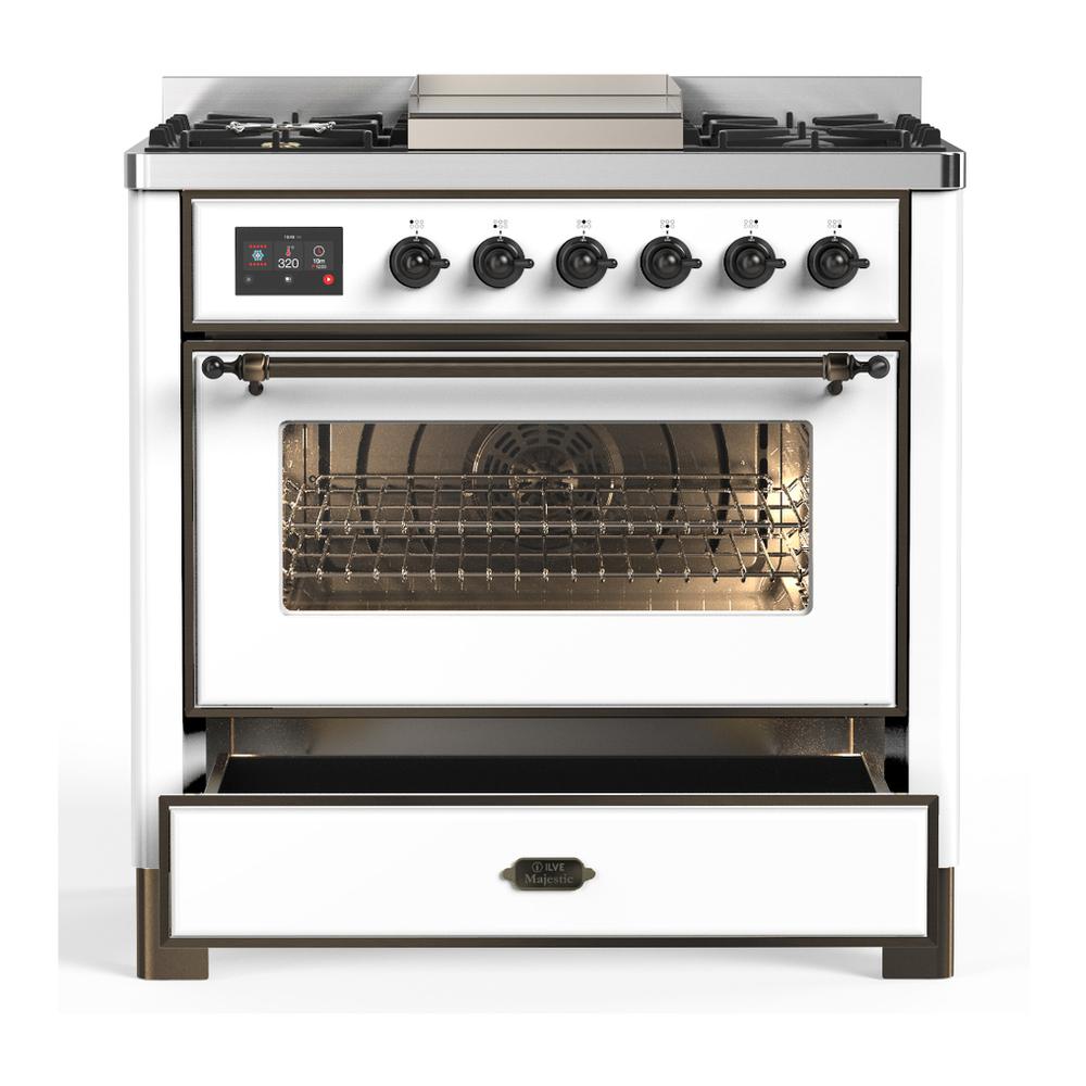 ILVE UM36FNR3WHBLP Majestic III 36 inch Dual Fuel Range with 6 Black Brass Burners and Griddle, Dual Function Burner up to 25,000 BTU (Triple Glass Door, White, Burnished, Liquid Propane)