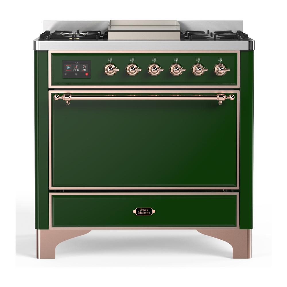 ILVE UM36FQNR3EGPLP Majestic III 36 inch Dual Fuel Range with 6 Black Brass Burners and Griddle, Dual Function Burner up to 25,000 BTU (Solid Door, Emerald Green, Copper, Liquid Propane)