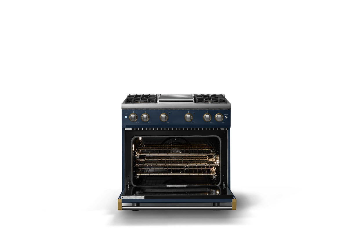 36"W. Sealed Burner Gas Range (Burner: 4g, Finish: Slate Blue, Trim: Brushed Brass, Fuel: Natural Gas)