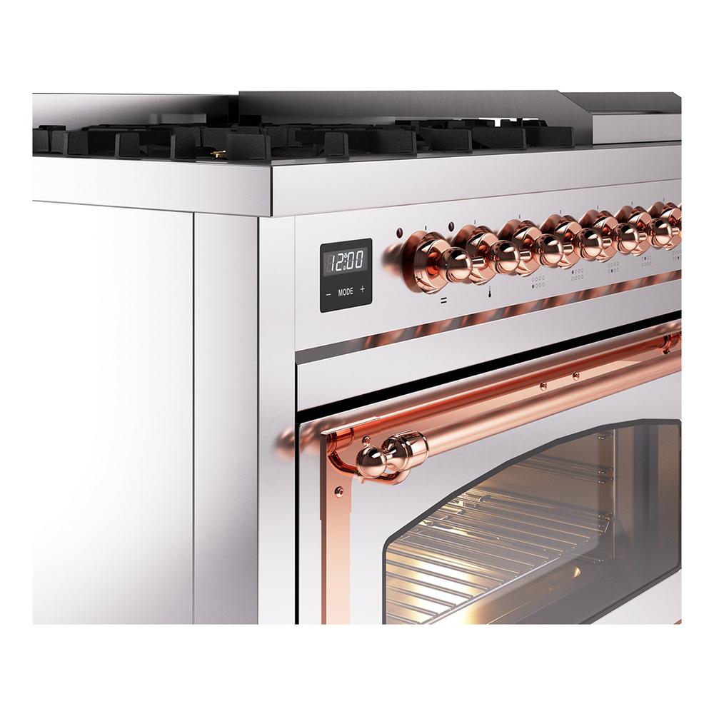 ILVE UN48FNMPSSP Nostalgie II Noblesse 48 inch Dual Fuel Range (8 Sealed Burners + Griddle, Natural Gas, Triple Glass Door, Stainless Steel, Copper)