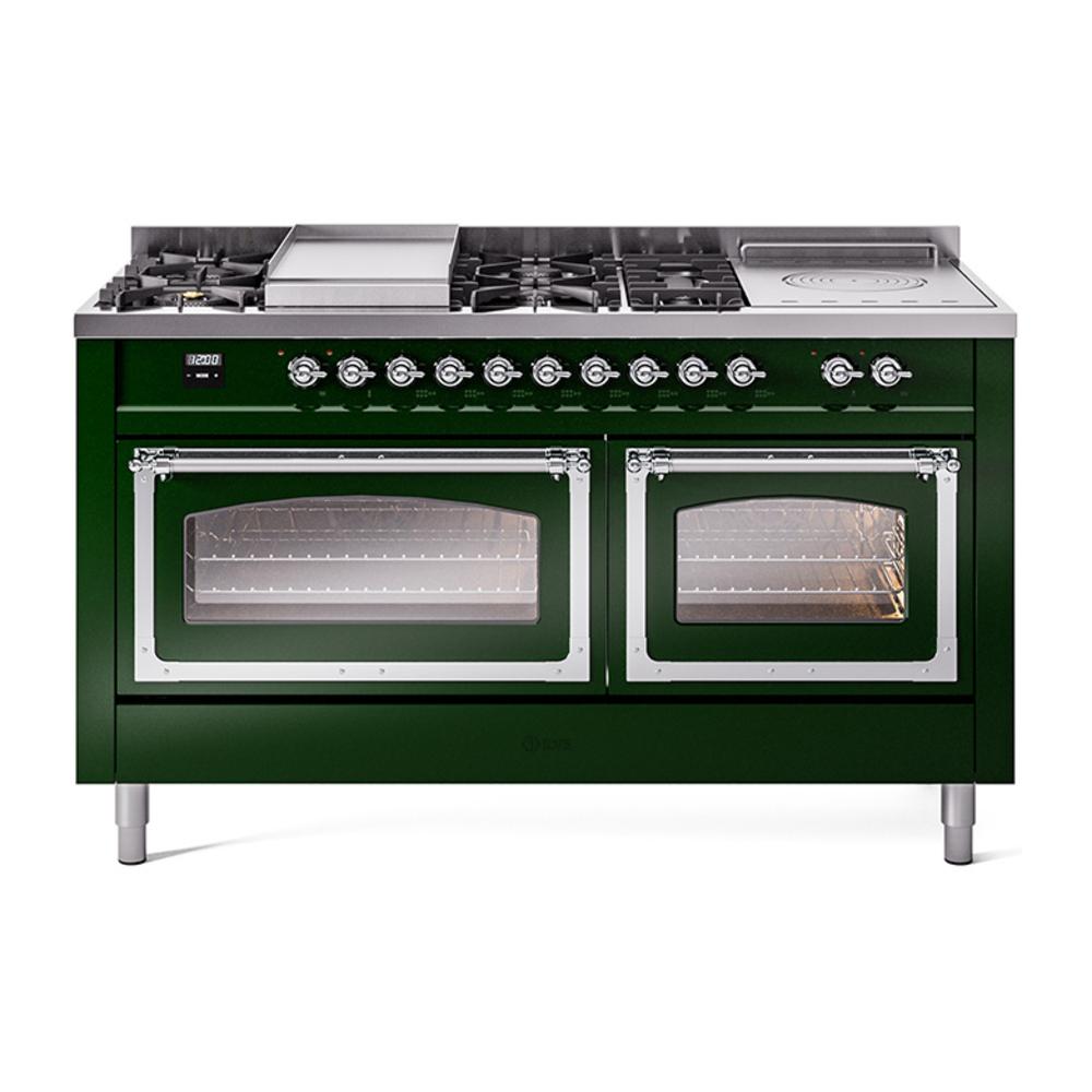 ILVE UN60FSNMPEGC Nostalgie II Noblesse 60 inch Dual Fuel Range (7 Sealed Burners + Griddle + French Top, Natural Gas, Triple Glass Door, Emerald Green, Chrome)