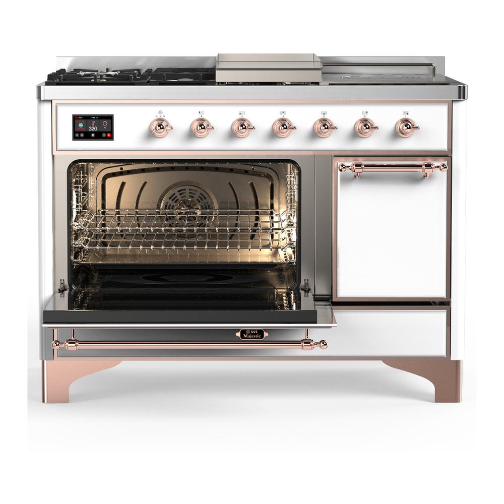 ILVE UM48FSQNR3WHPLP Majestic III 48 inch Dual Fuel Range with 5 Black Brass Burners, Griddle and French Top, Dual Function Burner up to 25,000 BTU (Liquid Propane, Solid Door, White, Copper)