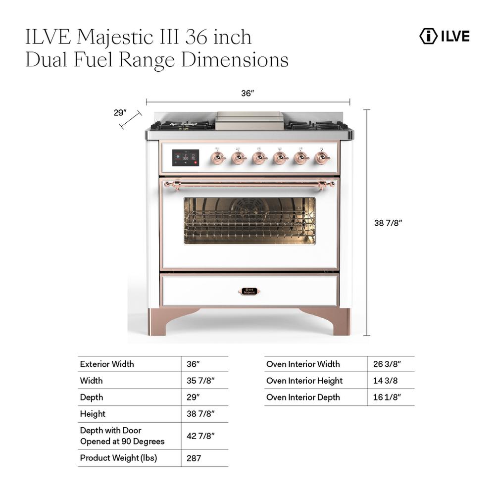 ILVE UM36FNR3MGGLP Majestic III 36 inch Dual Fuel Range with 6 Black Brass Burners and Griddle, Dual Function Burner up to 25,000 BTU (Triple Glass Door, Graphite Matte, Brass, Liquid Propane)
