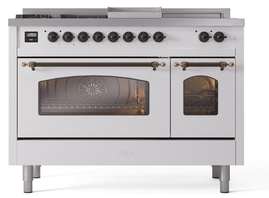 Nostalgie II 48 Inch Dual Fuel Natural Gas Freestanding Range in White with Bronze Trim