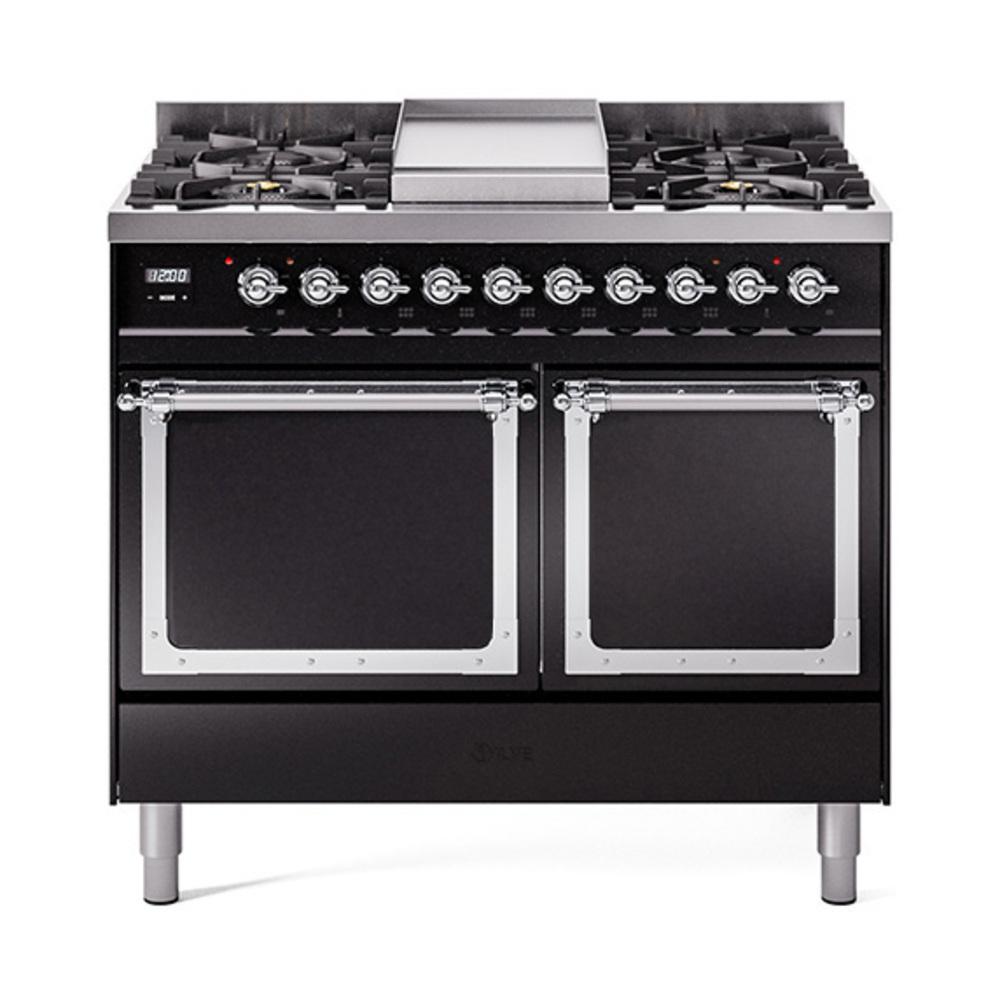 ILVE UND40FQNMPBKC Nostalgie II Noblesse 40 inch Dual Fuel Range (Natural Gas, Solid Door, Glossy Black, Chrome)