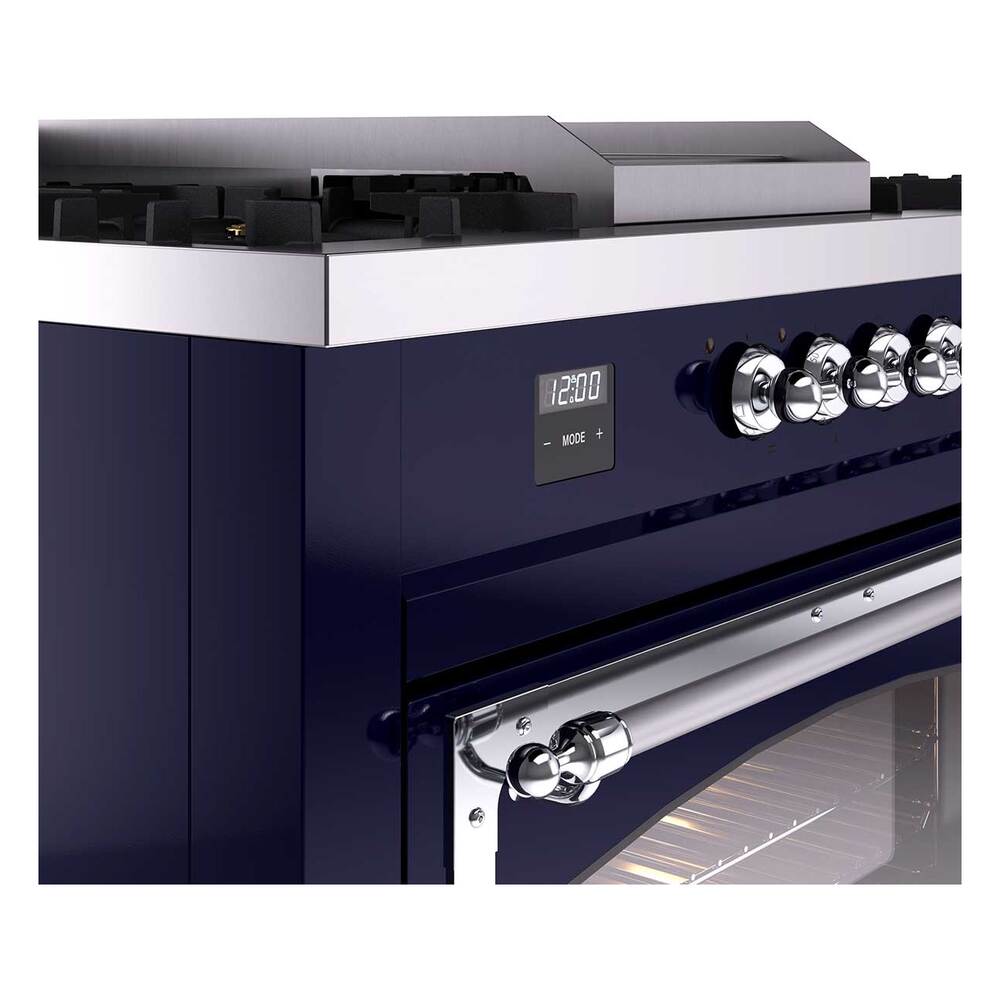 ILVE UN60FSNMPMBC Nostalgie II Noblesse 60 inch Dual Fuel Range (7 Sealed Burners + Griddle + French Top, Natural Gas, Triple Glass Door, Midnight Blue, Chrome)