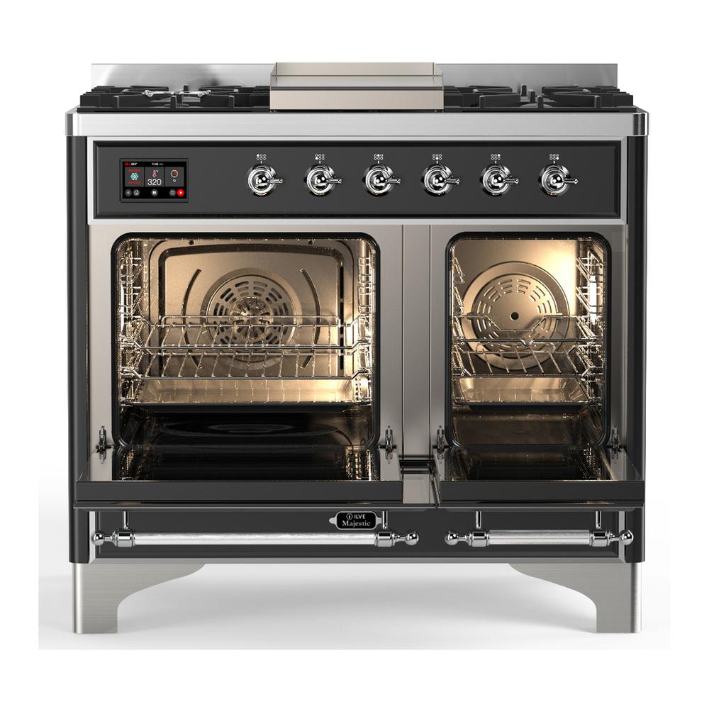 ILVE UMD40FNR3BKCLP Majestic III 40 inch Dual Fuel Range with 6 Burners and Griddle, Dual Function Burner up to 25,000 BTU (Liquid Propane, Triple Glass Door, Glossy Black, Chrome)