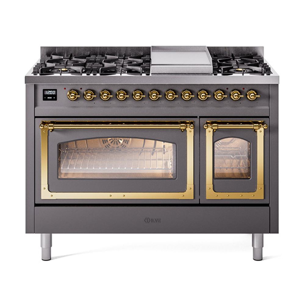 ILVE UN48FNMPMGGLP Nostalgie II Noblesse 48 inch Dual Fuel Range (8 Sealed Burners + Griddle, Liquid Propane, Triple Glass Door, Graphite Matte, Brass)