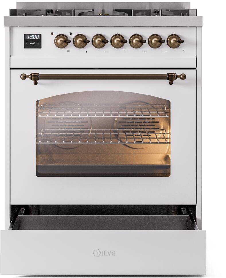 Nostalgie II 30 Inch Dual Fuel Natural Gas Freestanding Range in White with Bronze Trim