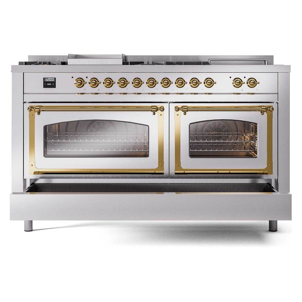 ILVE UN60FSNMPRAG Nostalgie II Noblesse 60 inch Dual Fuel Range (7 Sealed Burners + Griddle + French Top, Natural Gas, Triple Glass Door, RAL, Brass)