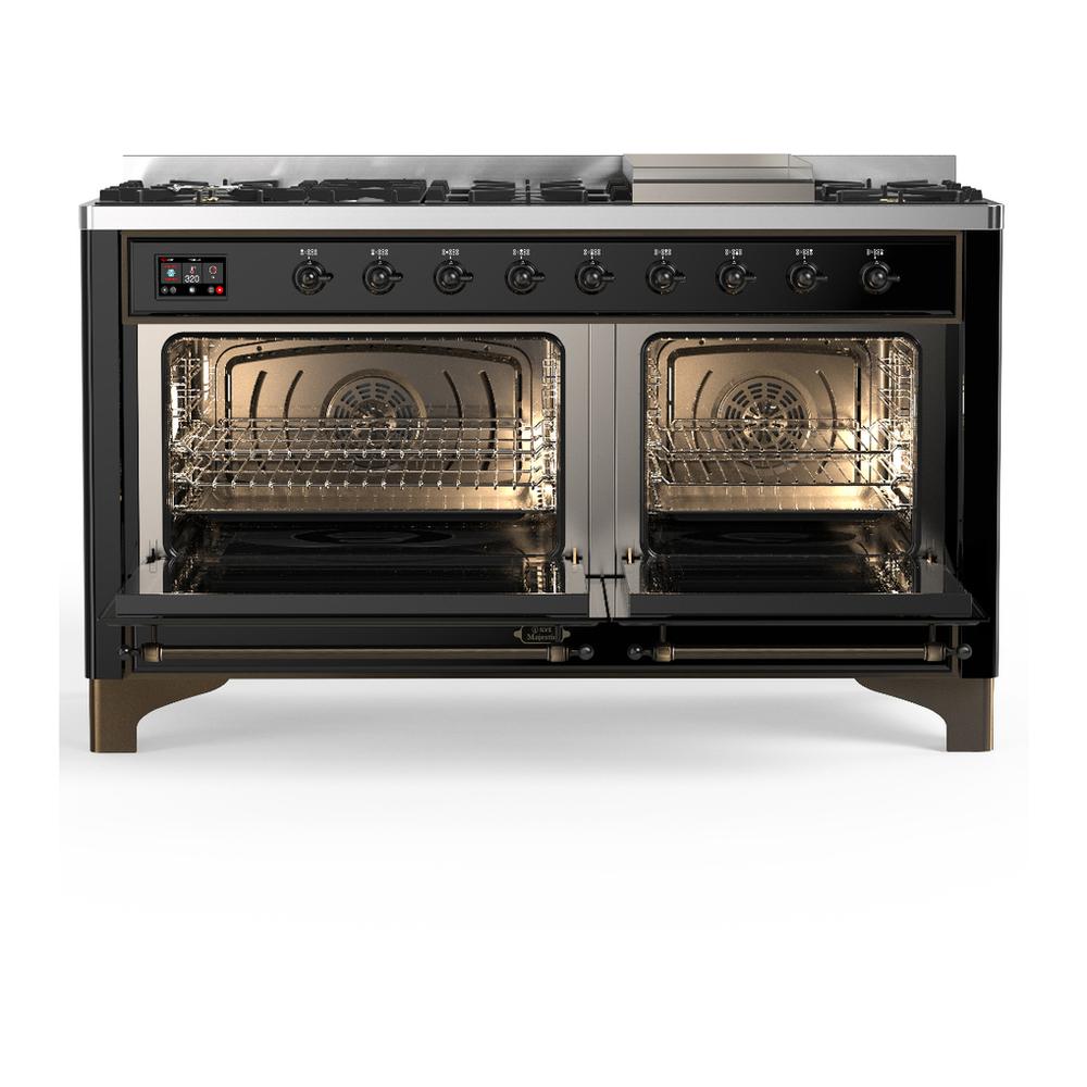 ILVE UM60FNR3BKB Majestic III 60 inch Dual Fuel Range with 9 Burners and Griddle, Dual Function Burner up to 25,000 BTU (Natural Gas, Triple Glass Door, Glossy Black, Burnished)