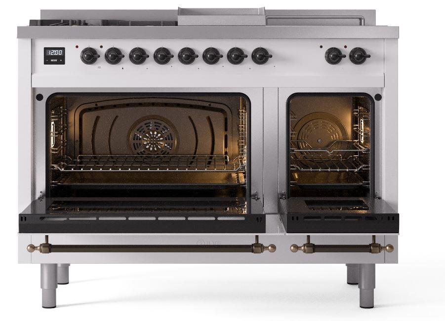 Nostalgie II 48 Inch Dual Fuel Liquid Propane Freestanding Range in White with Bronze Trim