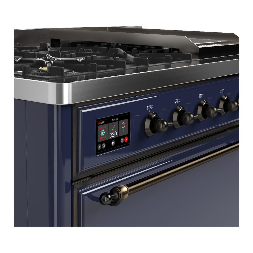 ILVE UM48FQNR3MBB Majestic III 48 inch Dual Fuel Range with 8 Burners and Griddle, Dual Function Burner up to 25,000 BTU (Natural Gas, Solid Door, Midnight Blue, Burnished)